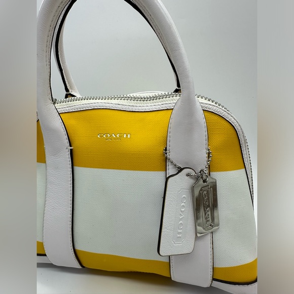 Coach Bleecker Mini Preston Striped Canvas Leather Satchel Yellow White - Picture 8 of 8